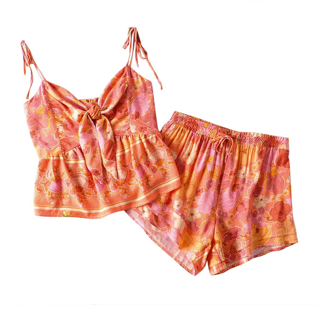 Orange Floral Print Two Pieces Set