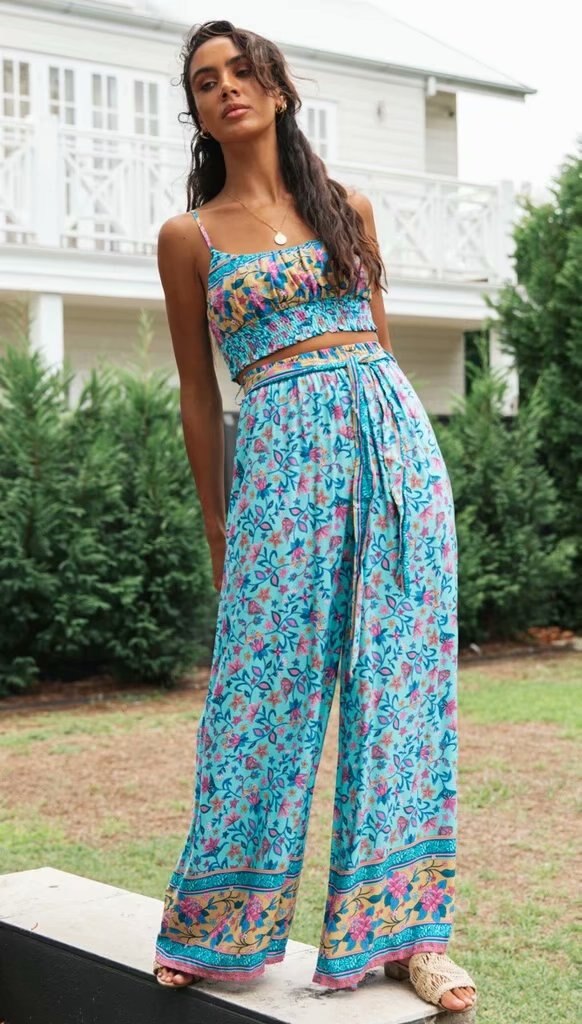 Elegant Boho Cotton Floral Wide-leg Pant and Crop Top