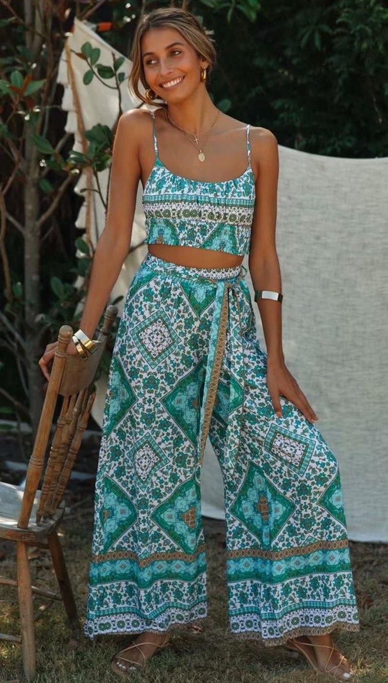 Elegant Boho Cotton Floral Wide-leg Pant and Crop Top