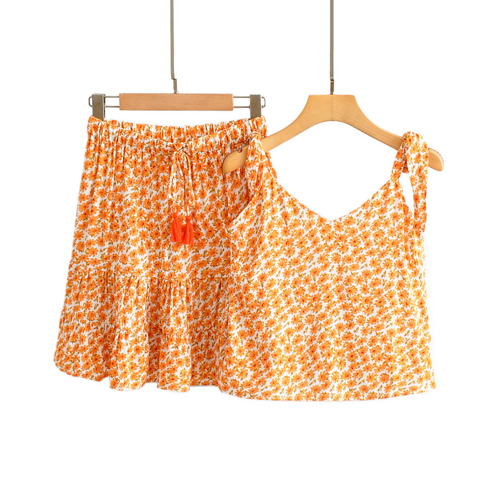 Two Pieces Set Casual Cotton Orange Print