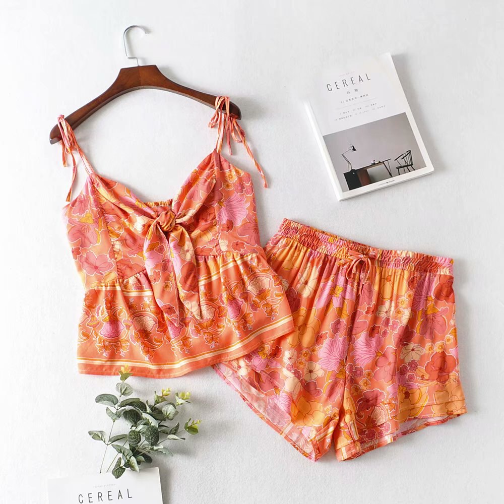 Orange Floral Print Two Pieces Set