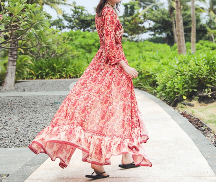 Long Boho Dress Chiffon Floral Print