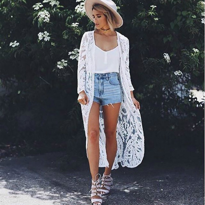 White Lace Long Blouse Shirt