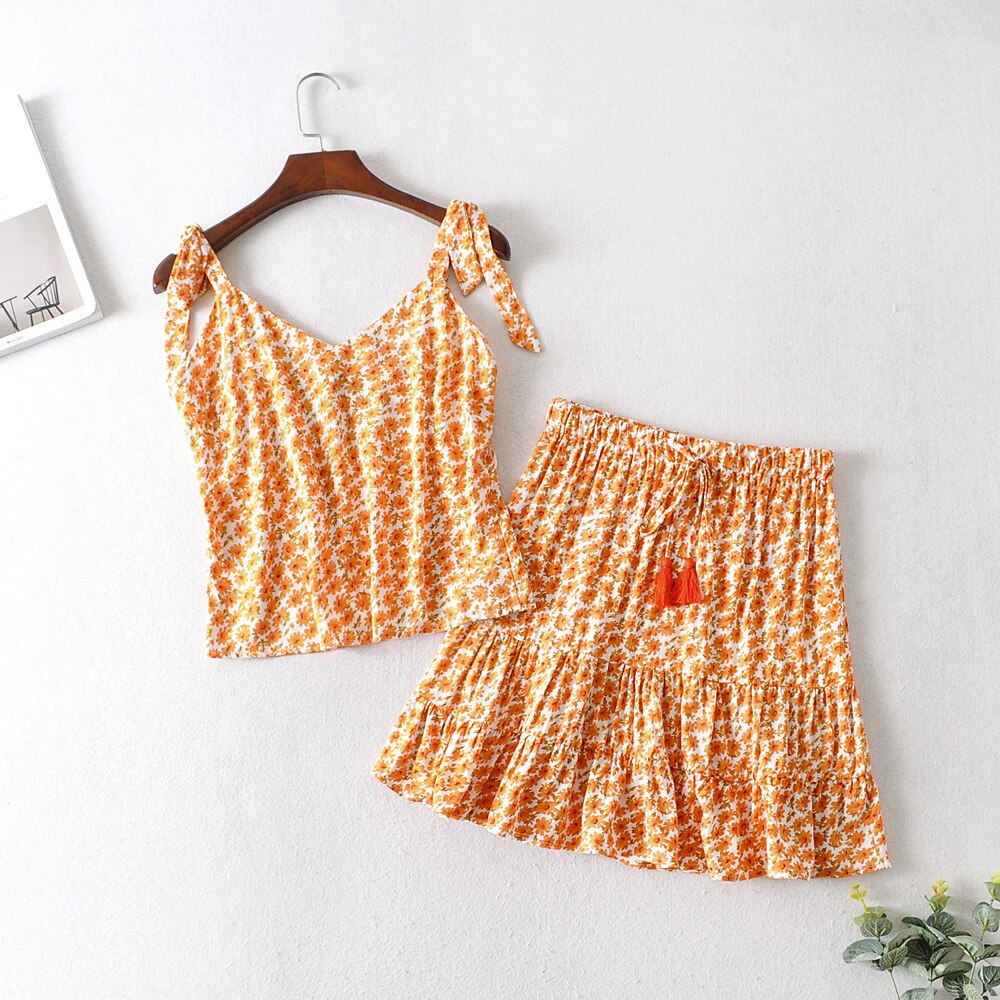 Two Pieces Set Casual Cotton Orange Print