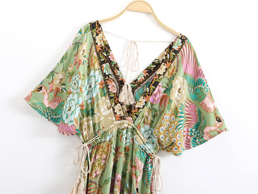 Boho Maxi Dress V Neck Short Sleeve