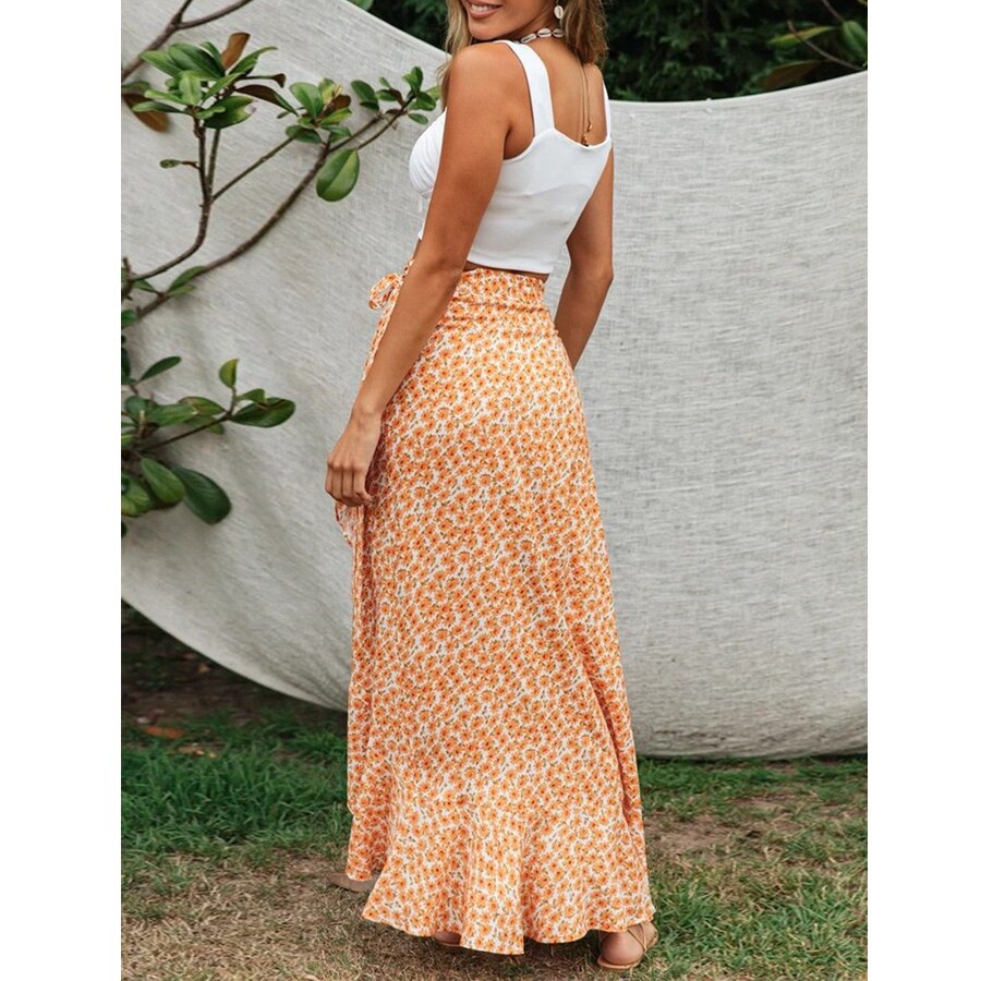 Orange Floral Print Skirt