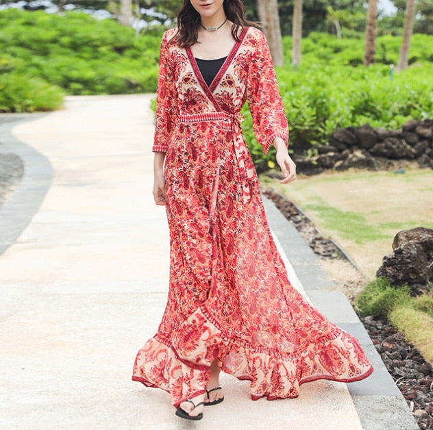 Long Boho Dress Chiffon Floral Print