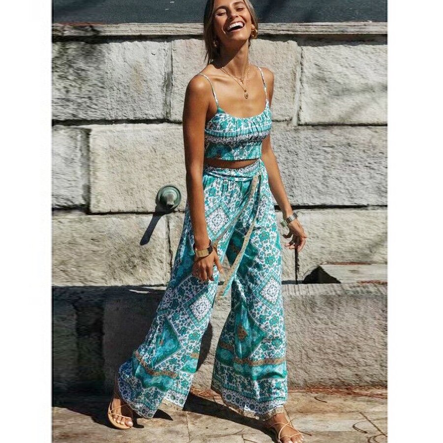 Elegant Boho Cotton Floral Wide-leg Pant and Crop Top