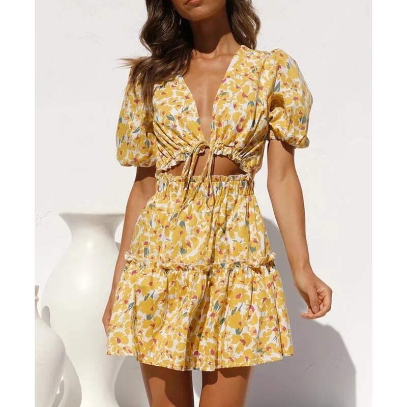 Floral Printed Mini Dress Deep V Neck