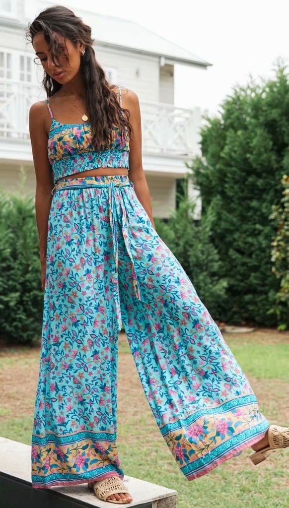 Elegant Boho Cotton Floral Wide-leg Pant and Crop Top