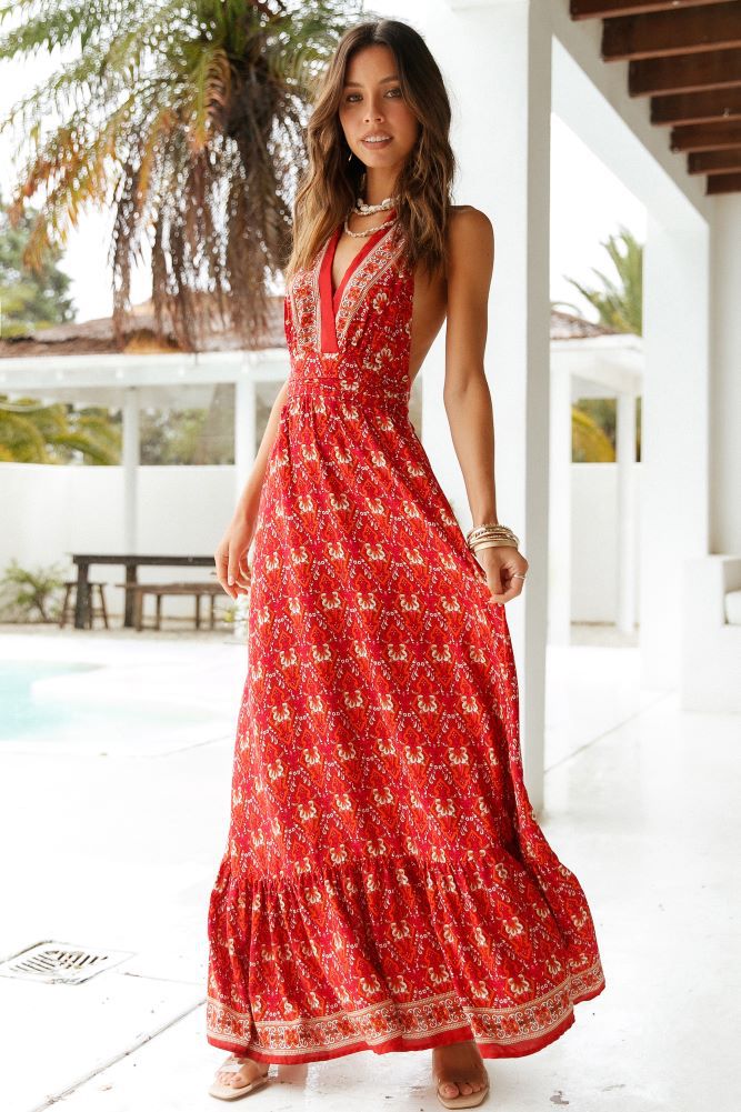 Boho Deep V-Neck Halter Maxi Dress