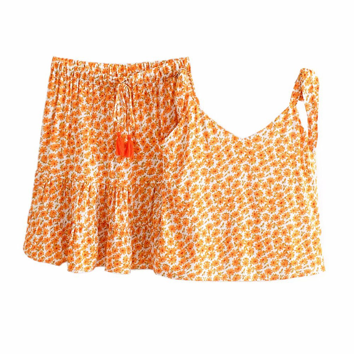 Two Pieces Set Casual Cotton Orange Print