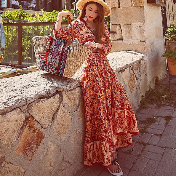 Long Boho Dress Chiffon Floral Print