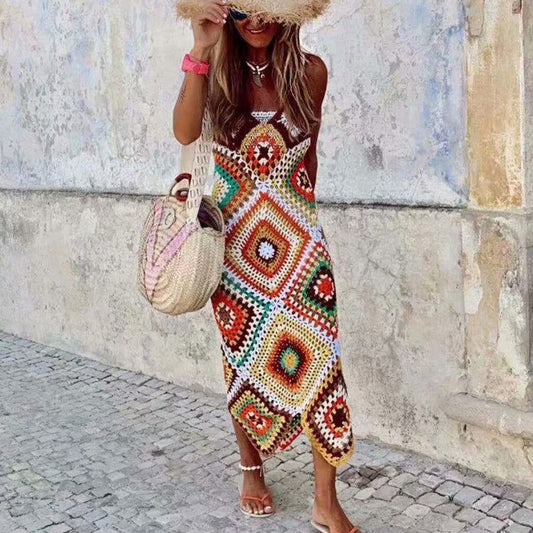 Boho Deep V Neck Backless Midi Crochet