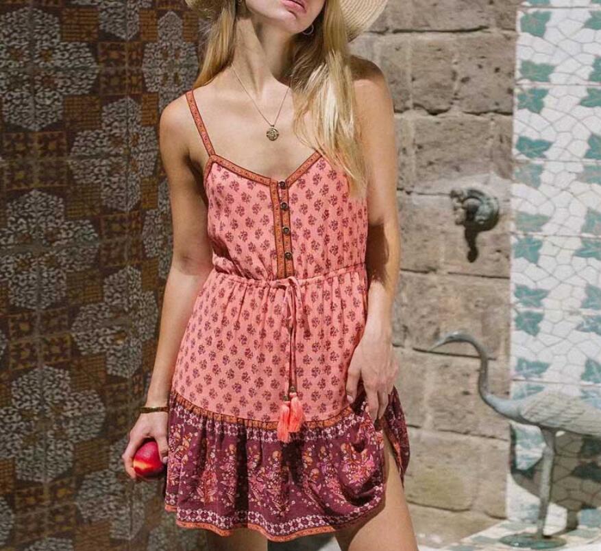 Bohemian Dress Open Button V Neck Floral Print