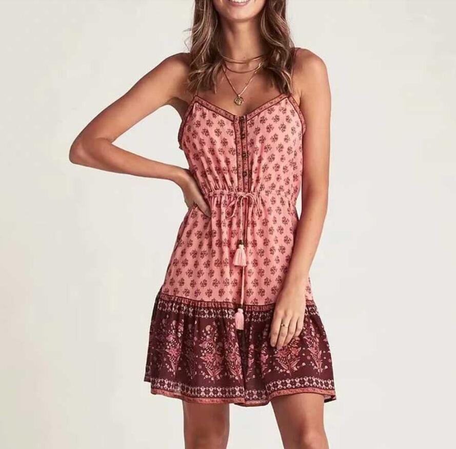 Bohemian Dress Open Button V Neck Floral Print