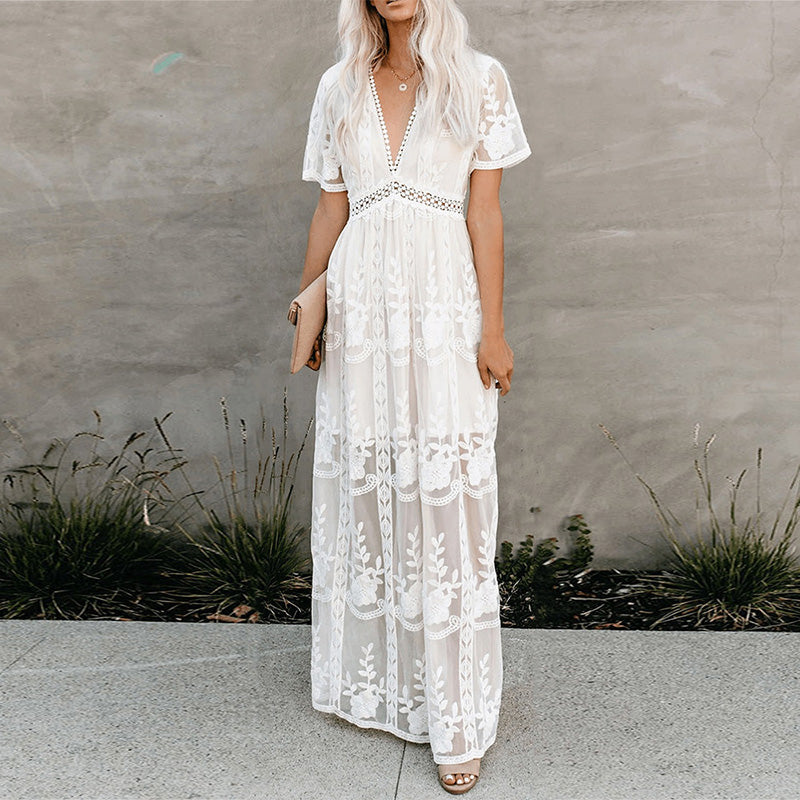 Boho Maxi Dress Loose Embroidery White Lace