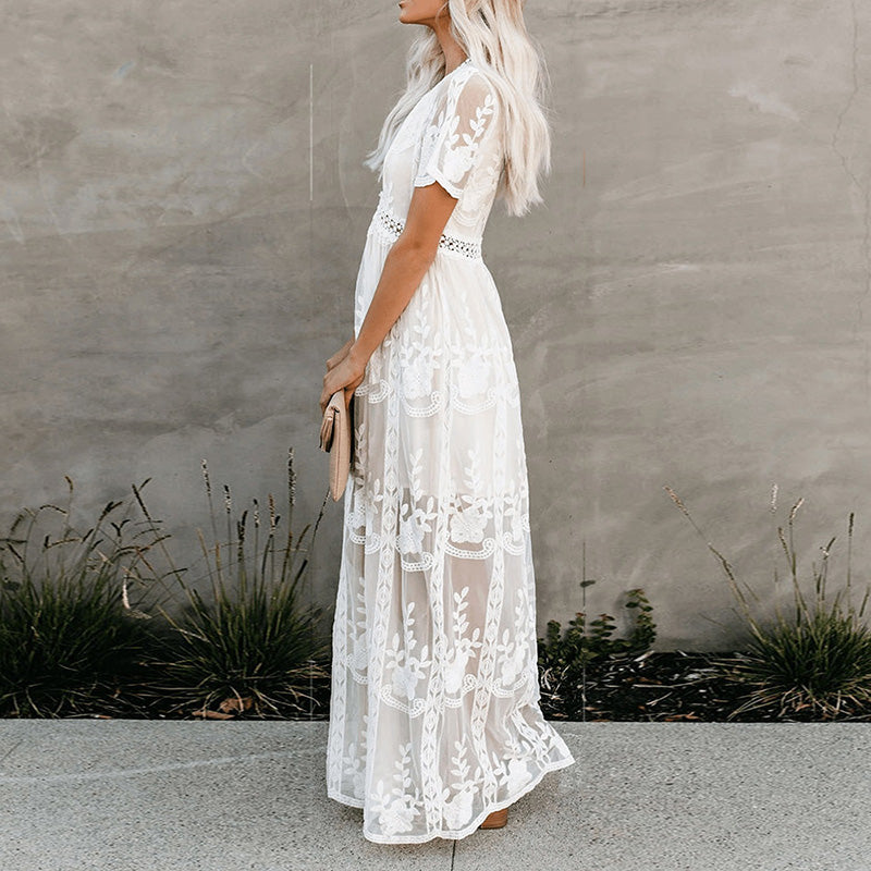 Boho Maxi Dress Loose Embroidery White Lace