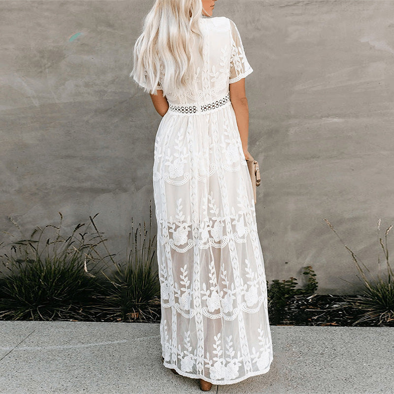 Boho Maxi Dress Loose Embroidery White Lace