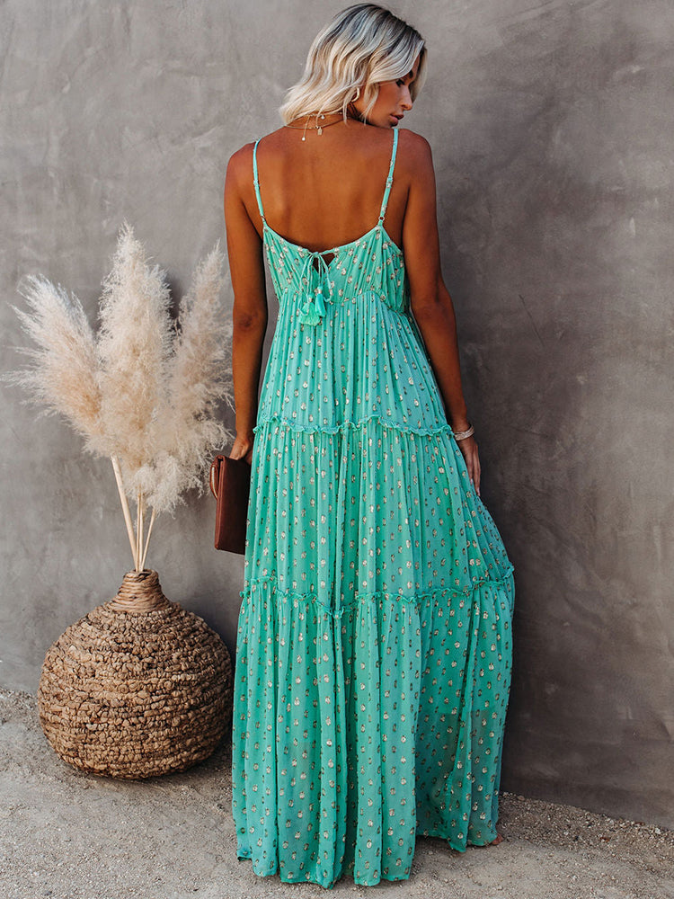 Long Boho Beach Dress Print Sleeveless V Neck