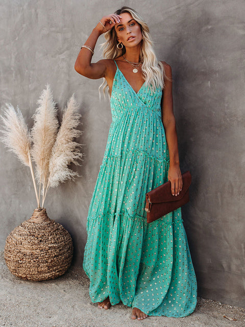 Long Boho Beach Dress Print Sleeveless V Neck – Ml Elegance