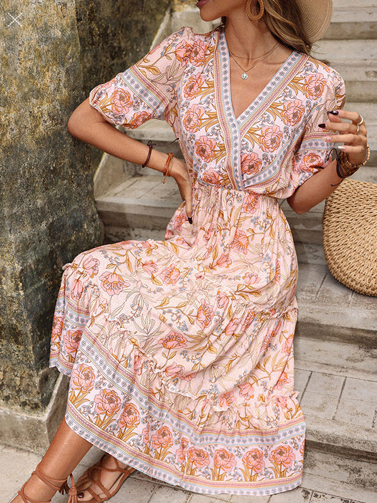 Summer Long Dress V Neck Print Floral