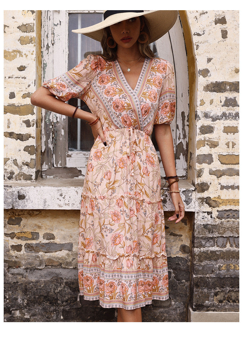 Summer Long Dress V Neck Print Floral